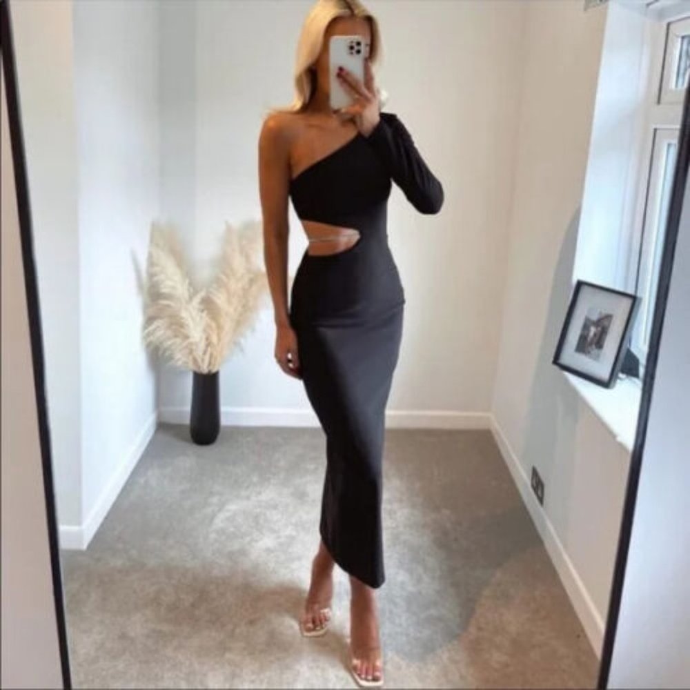 Zara Black Midi Cut Out One Sleeve Dress NEW Size XXL